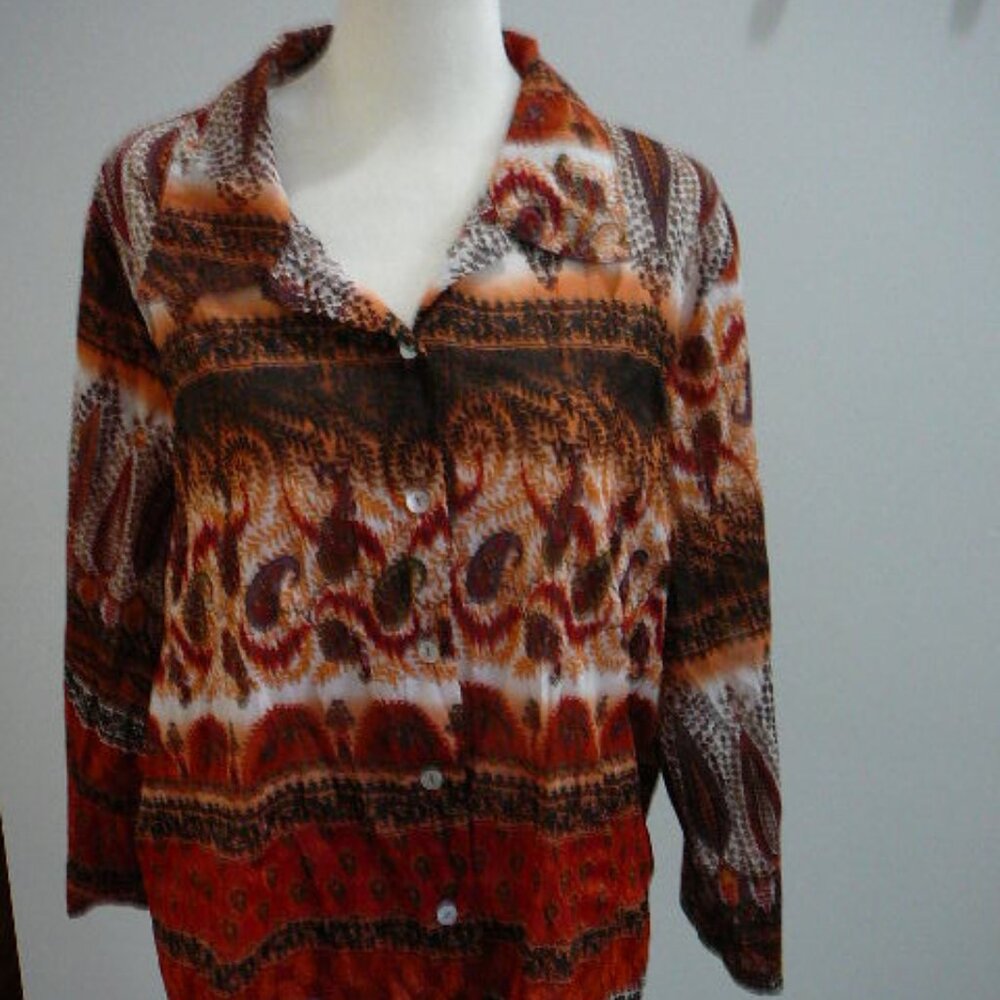 CJ Banks 3/4 Sleeve Button Up Orange Black Gold White Blouse-Size 1X